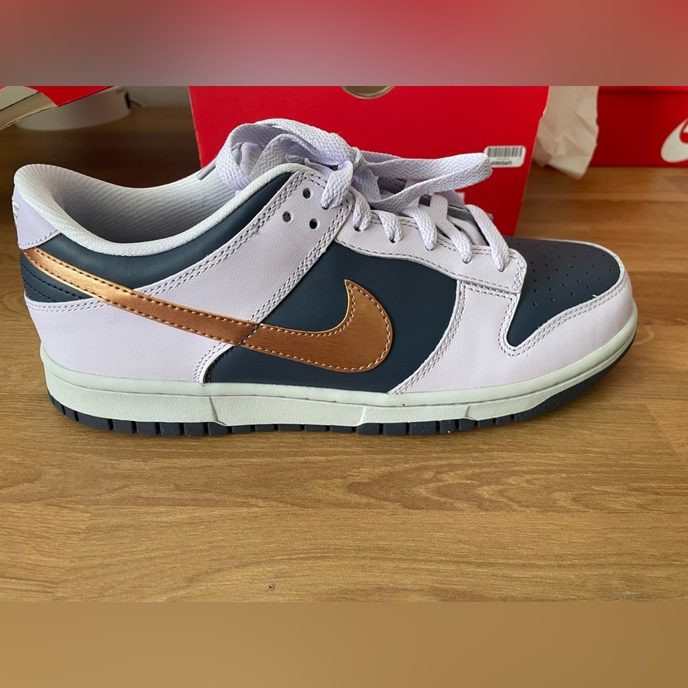Nike Girls’ Dunk Low in Pink, Navy, and Metallic Copper
